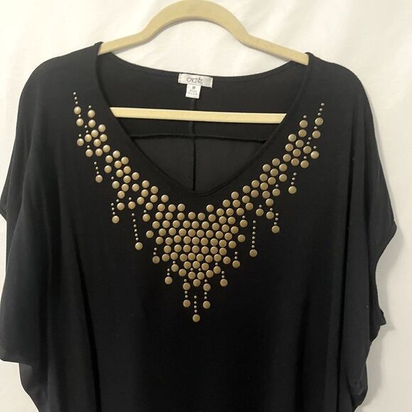 Cache Black Gold Embellished V- neck Dolman Sleeve Shirt Size M - Picture 2 of 5